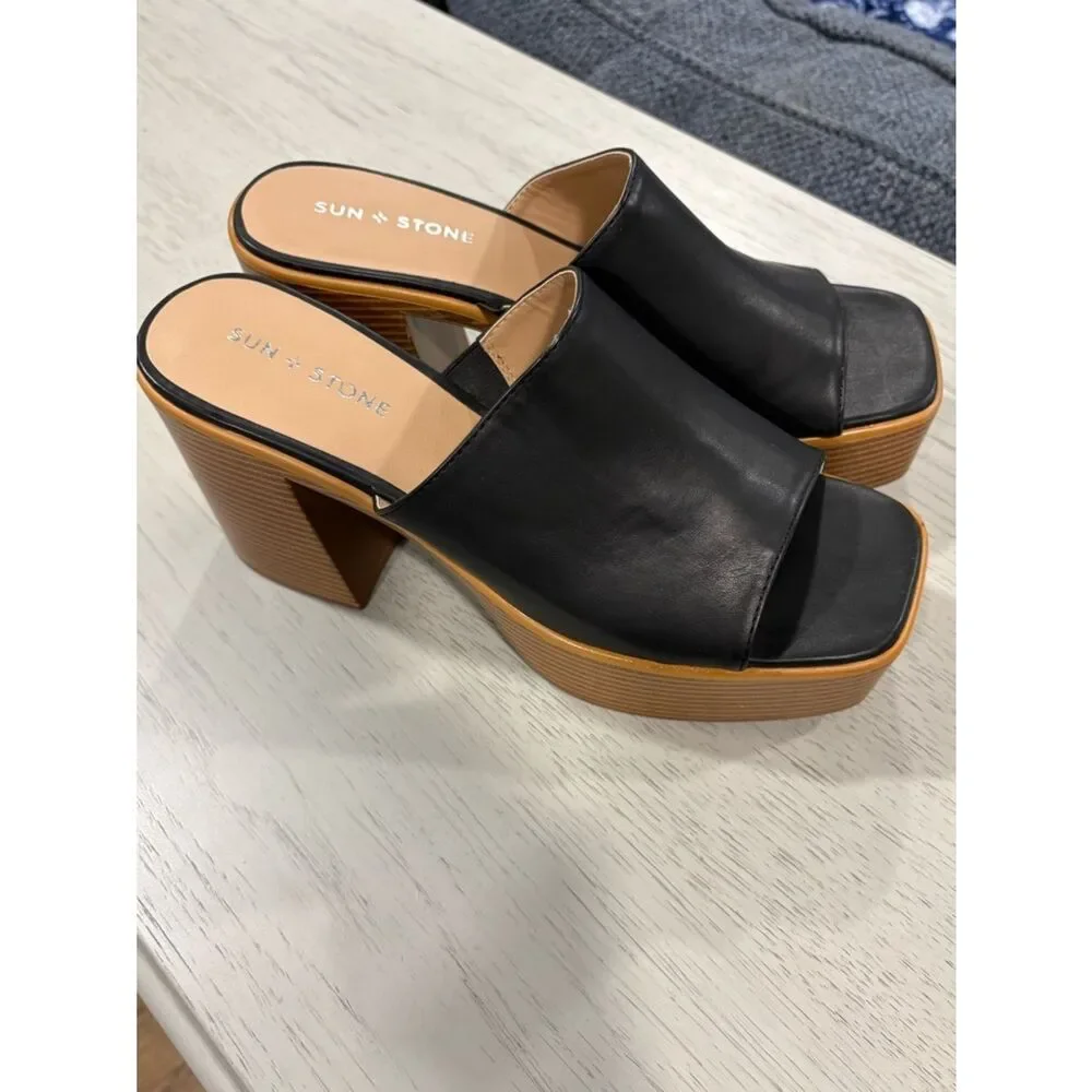 Sun + Stone Black Platform Mule Sandals with Tan Wood-Look Heel